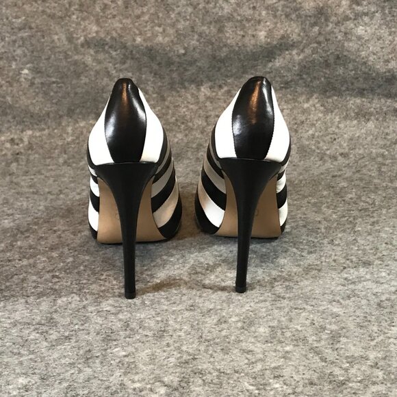Sasha New York Leather Black and White Stripes Heel Peep Toe Shoes - Picture 11 of 12